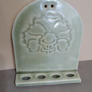Ceramic Toothbrush Holder with Celadon Glaze Floral Design